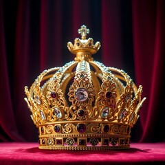 A crown decorated with jewels rests on a red cloth.