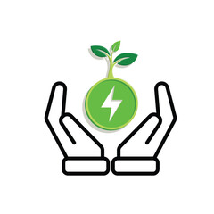sustainable icon. green energy vector in hand. tree and lightning symbol. reuse, recycle, net zero, green energy, eco friendly concept. Mixed design style