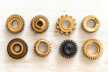 Interlocking Gears Teamwork Concept - Eight gears, mostly gold, one black, interlock on a white wooden background, symbolizing teamwork, collaboration, and synergy