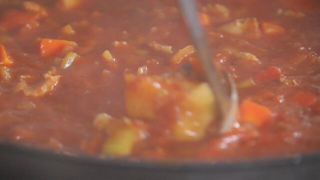 토마토와 돼지고기가 들어간 스튜를 국자로 젓기