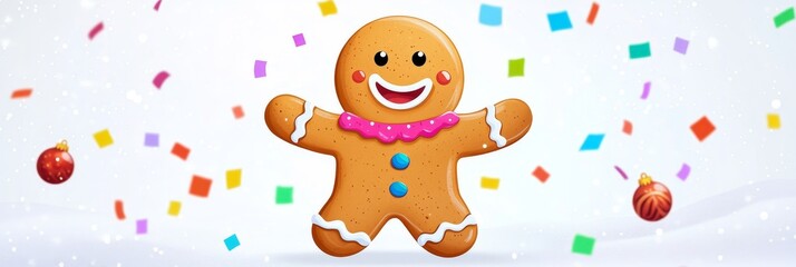 Naklejka premium Joyful Gingerbread Man Celebration - A cheerful gingerbread man surrounded by colorful confetti, perfect for holiday greetings or festive designs