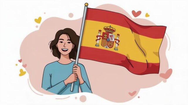 Woman holding Spain flag, minimalist flat design illustration