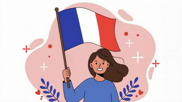 Woman waving France flag. Minimalist flat style cartoon