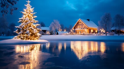 Fototapeta premium Lakeside Village Christmas Eve - Festive Christmas scene: snow-covered village, illuminated Christmas tree on a lake island, cozy house with lights, reflecting lights on calm water. Symbolizes peace