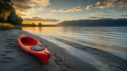 Sunset over calm river with red kayak on shore, serene adventure