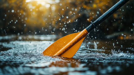 Dynamic paddle splashing in river during kayaking adventure, nature