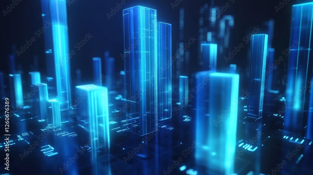 Leinwandbilder A high-tech D bar graph with glowing blue bars and digital numbers floating around them, symbolizing complex financial data and analysis.