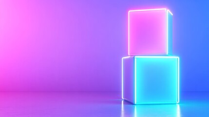 Luminous Neon Cubes on Bright Cyan Background - Two glowing cubes, pink and blue, symbolize energy, technology, modern design, innovation, and future. A vibrant background enhances the futuristic feel