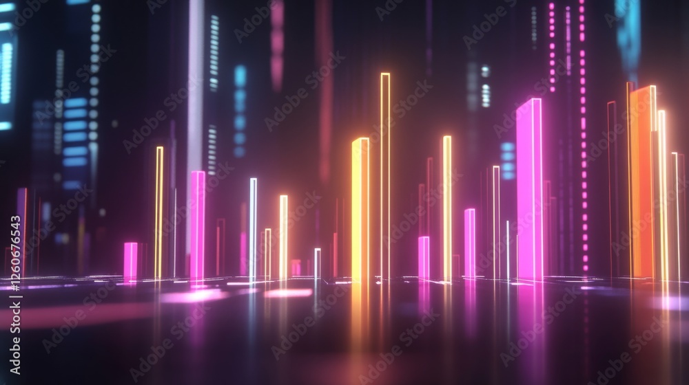Fototapete a high-tech bar chart featuring glowing neon bars, representing financial trends, set against a dark