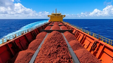 Obraz premium Full shot of a cargo vessel's bow, showcasing a large quantity of orange red cargo piled high within the vessel's hold. The perspective is from the