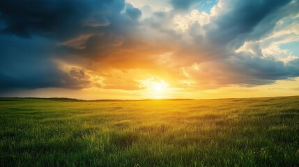 Golden sunset illuminating vast green field under dramatic sky