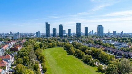 Obraz premium High angle view of a city park encompassing a cityscape. A grassy field stretches across the foreground, encircled by lush trees and greenery. Modern