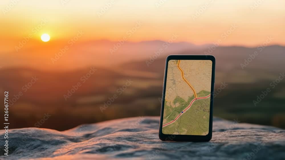 Poster navigation app revealing map route on smartphone screen while standing atop rocky mountainside durin