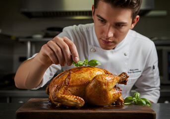 Professional chef in white uniform garnishing roasted chicken in commercial kitchen. Male cook preparing golden poultry dish with herbs. Perfect for culinary and restaurant photography themes.