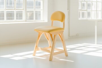 Fototapeta premium Kneeling Chair With Vibrant Yellow Cushion in a Bright Minimalist Office Setting for Modern Workspace Design