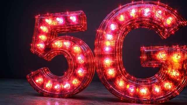 5G Network Lights: An illuminating representation of the future, a luminous 5G logo made of sparkling, red LED lights on a dark background, symbolizing the rapid advancement of technology.