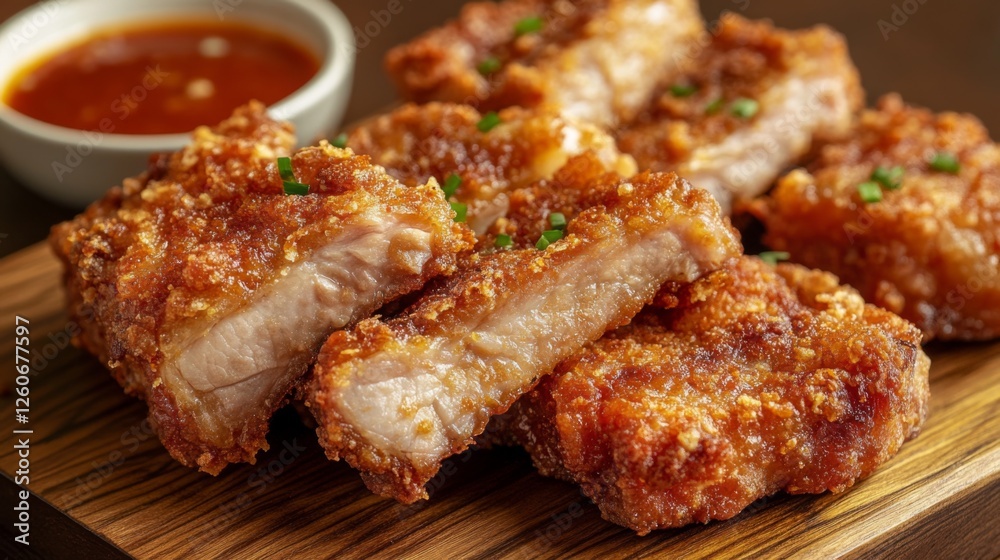 Canvas Prints A mouthwatering close-up of juicy fried pork ribs, showing the crispy exterior and tender meat inside, placed on a wooden board with a side of spicy dipping sauce.