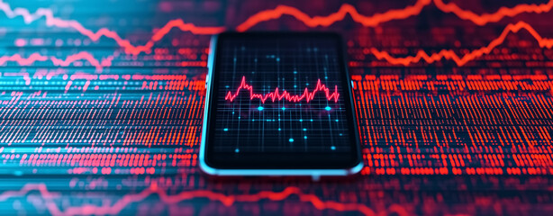 close up of smartphone displaying digital graph on vibrant background, showcasing data trends and analytics. image conveys sense of technology and modernity