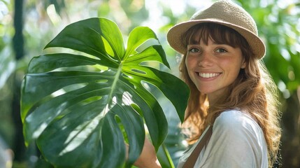 Gardener smiling and holding a monstera deliciosa leaf in greenhouse