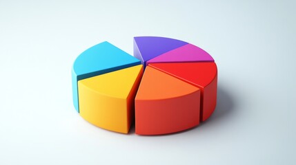 Obraz premium A multi-colored D pie chart in a minimalist style, with sections slightly lifted to show the data split, presented on a clean, white background.