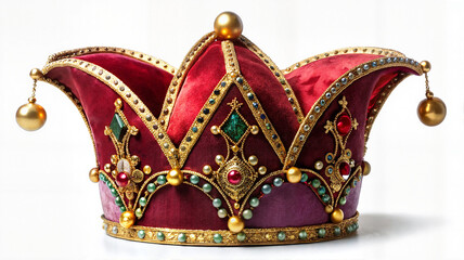 Elegant red and gold royal jester hat with bells
