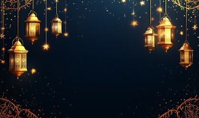 Elegant Golden Lanterns Festive Night Background Design Dark Blue Glow Card Stars Shiny