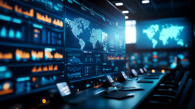 Strategic business planning team analysis corporate control room data visualization dashboard modern workspace high-tech environment organizational insight