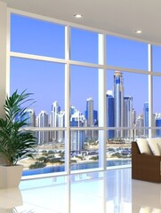 Modern Apartment Cityscape Living Room View - Luxury apartment, city view, modern design, spacious living room, relaxing ambiance. Symbolizing: comfort, luxury, urban living, sophistication