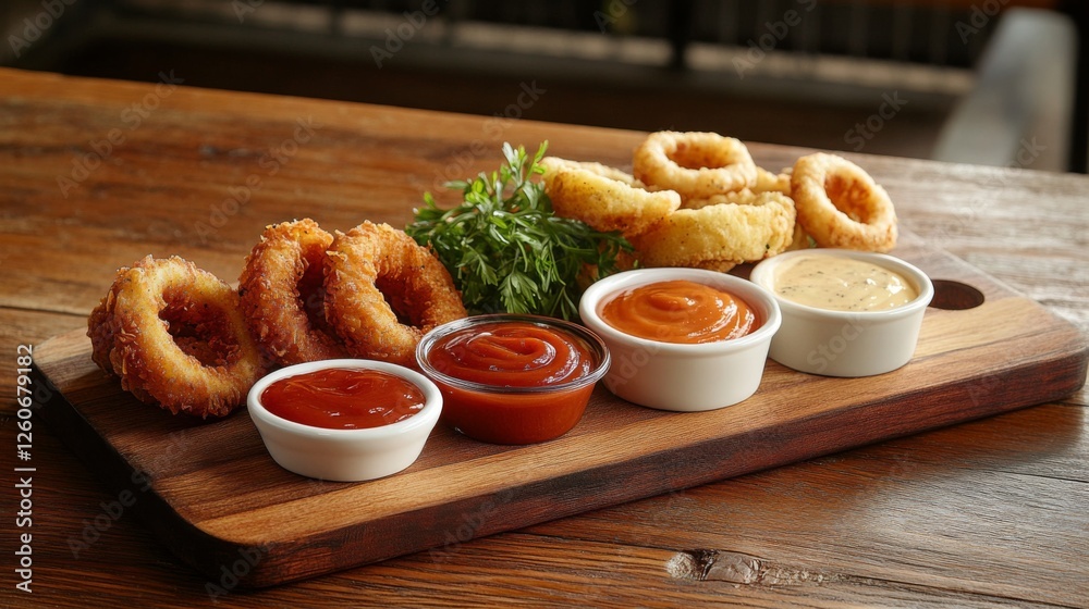 Aufkleber a rustic scene with a wooden cutting board displaying a variety of dipping sauces, including ketchup