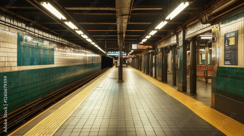 Leinwandbilder A serene image of an empty subway platform with soft lighting, creating a calm atmosphere, perfect for capturing the quieter moments of urban transportation.