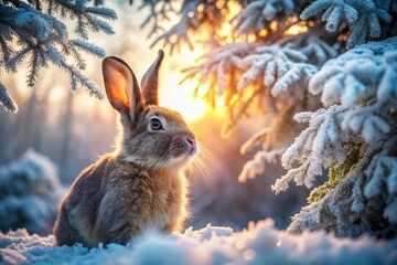 Frosty Winter Wonderland: Cute Rabbit Gazing Upwards in Snowy Magical Forest