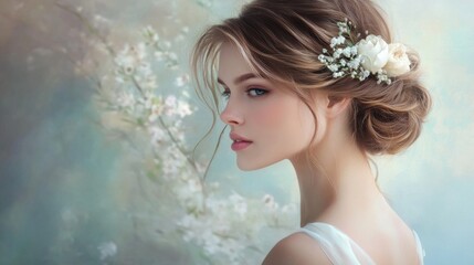 Naklejka premium A serene portrait of a woman with an elegant updo, featuring soft curls and pinned flowers, set against a dreamy backdrop for a romantic atmosphere.