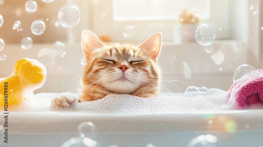 Poster a serene scene of a cat relaxing in a bathtub, surrounded by bubbles and colorful bath toys, illustr