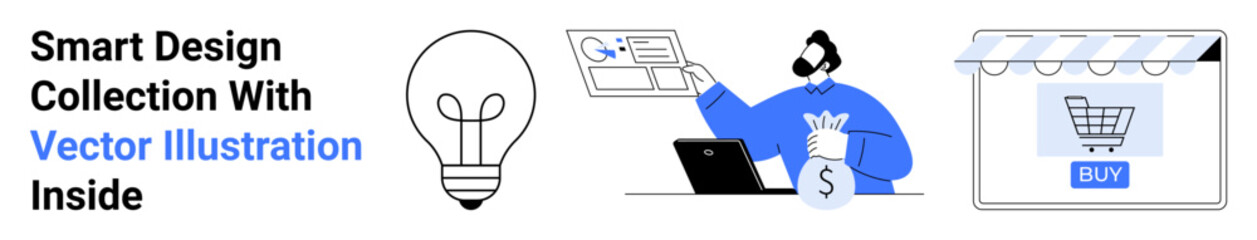 Light bulb symbolizing ideas, person analyzing finances on laptop, online shop storefront with buy button. Ideal for business, e-commerce, finance, creativity, marketing, innovation flat landing