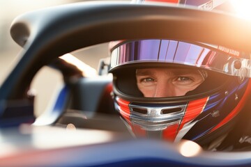 Male race car driver in helmet close-up on track
