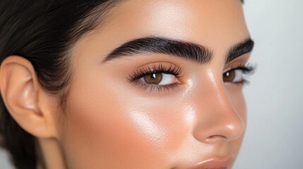 Fototapeta premium A side profile of a woman with defined, dark eyebrows, highlighting the clean and symmetrical lines with a smooth, soft background to accentuate her features.