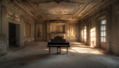 Grand piano stands in a decayed ornate abandoned room