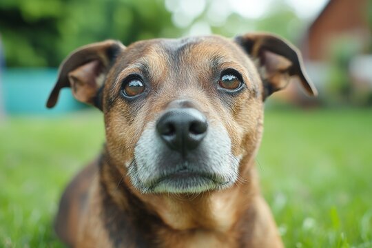 Close-up of brown dog on green grass with blurred background - Powered by Adobe