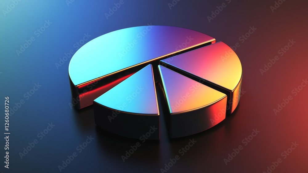 Poster A sleek metallic D pie chart with separated slices, each segment reflecting light differently, set against a dark gradient background for a high-tech feel.