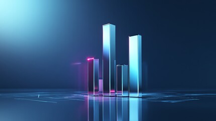 Fototapeta premium A sleek, futuristic D bar graph with metallic bars rising from a reflective surface, set against a dark gradient background, highlighting business growth.