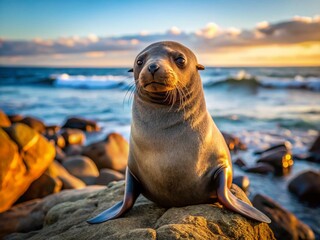 Fototapeta premium Fur Seal on Rocks, Coastal Wildlife, South American Sea Lion, Arctocephalus Australis, Ocean Mammal