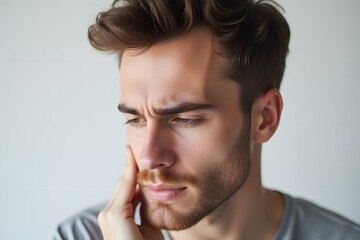 Obraz premium Caucasian young male experiencing toothache with hand on face