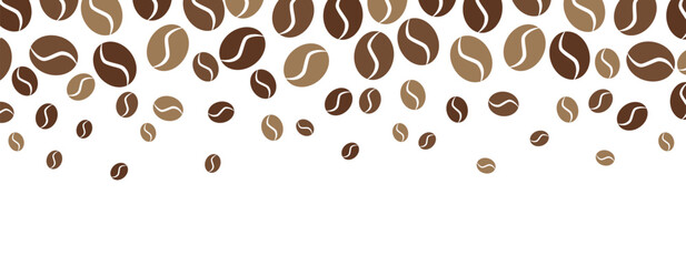 Frame of aromatic coffee beans on a white background. Banner, greeting card, poster. Coffee beans are falling