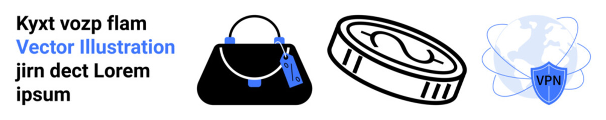 Elegant handbag with tags, stylized coin, and VPN secure shield with global backdrop. Ideal for retail, e-commerce, financial services, cybersecurity, shopping apps, personal finance flat landing