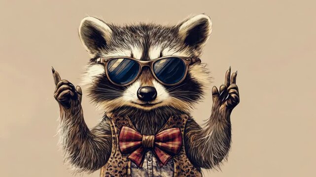 loop, looping, Stylish Raccoon Dancing Wearing Sunglasses and Bow Tie on Beige Background
