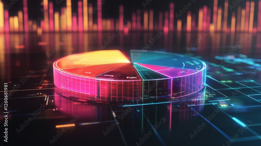 Fototapete a transparent d pie chart with sleek, colorful sections rising from a reflective platform, showcasin