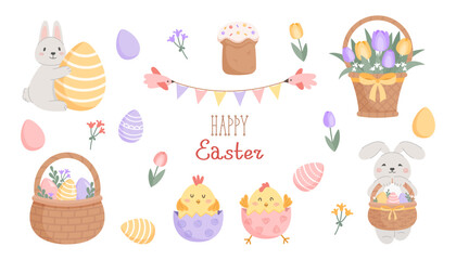 Cute Easter set. Spring collection of animals, flowers and decorations. For poster, card, scrapbooking , stickers