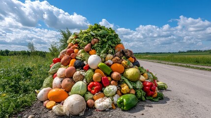 Colorful heap of assorted fruits and vegetables, including potatoes, cabbages, peppers, and citrus, piled high on a gravel road amidst a field of