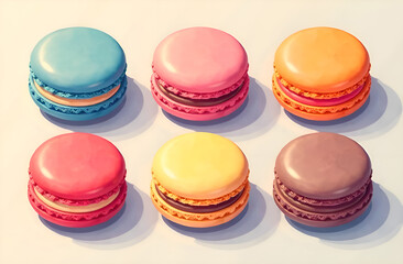 Sweet and colorful French macarons, dessert. Top view of colorful macaroons, close up.