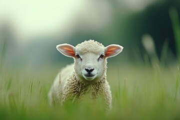 Obraz premium Adorable lamb resting in a green pasture on a sunny day
